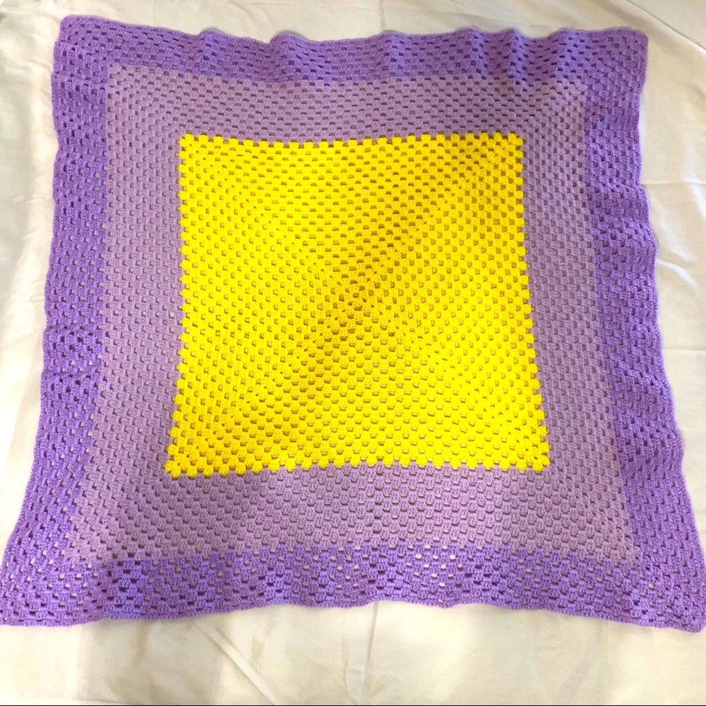 Vintage purple & yellow crocheted blanket throw